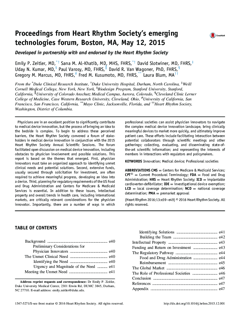 Proceedings from Heart Rhythm Society's emerging technologies forum, Boston, MA, May 12, 2015