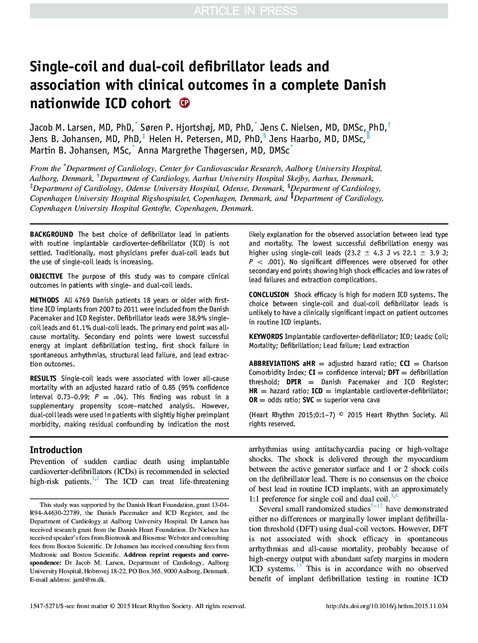 Single-coil and dual-coil defibrillator leads and association with clinical outcomes in a complete Danish nationwide ICD cohort