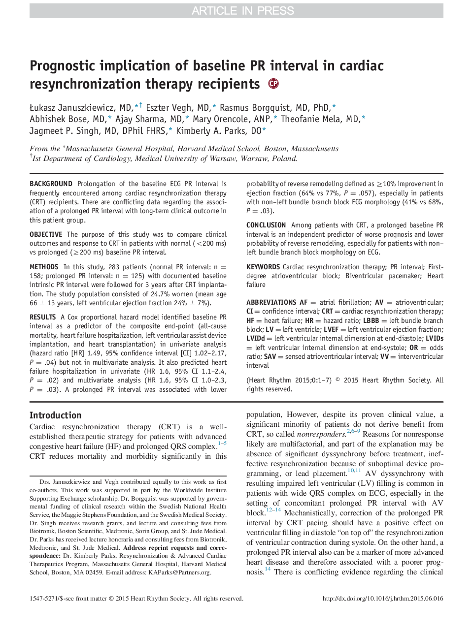 Prognostic implication of baseline PR interval in cardiac resynchronization therapy recipients