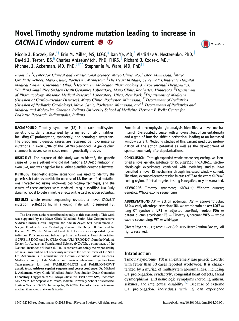 Novel Timothy syndrome mutation leading to increase in CACNA1C window current