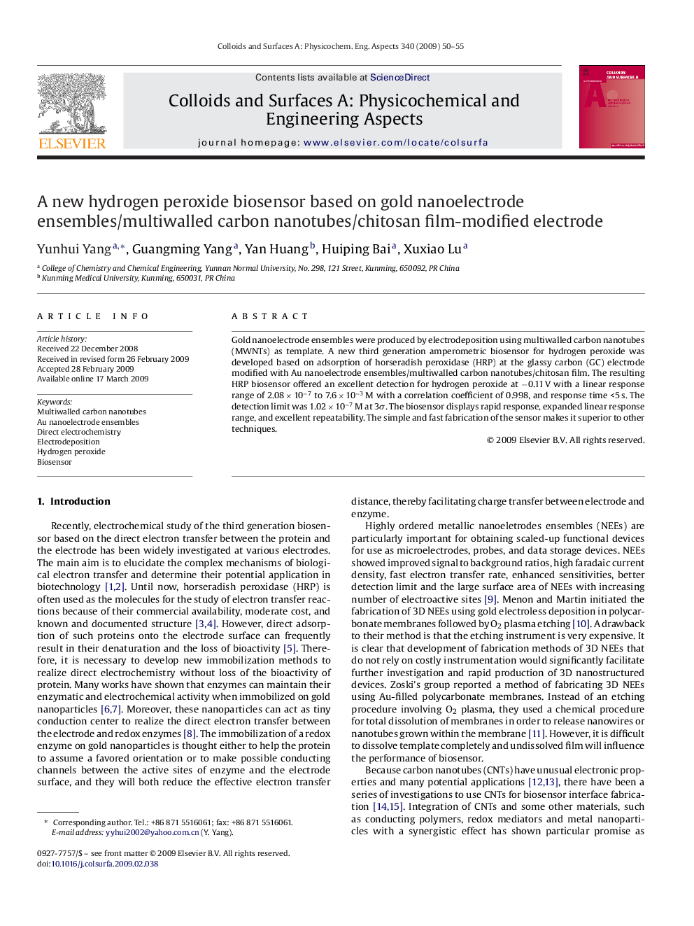 A new hydrogen peroxide biosensor based on gold nanoelectrode ensembles/multiwalled carbon nanotubes/chitosan film-modified electrode