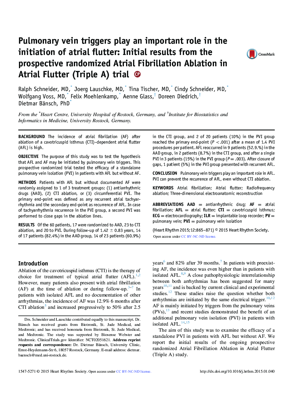 Pulmonary vein triggers play an important role in the initiation of atrial flutter: Initial results from the prospective randomized Atrial Fibrillation Ablation in Atrial Flutter (Triple A) trial