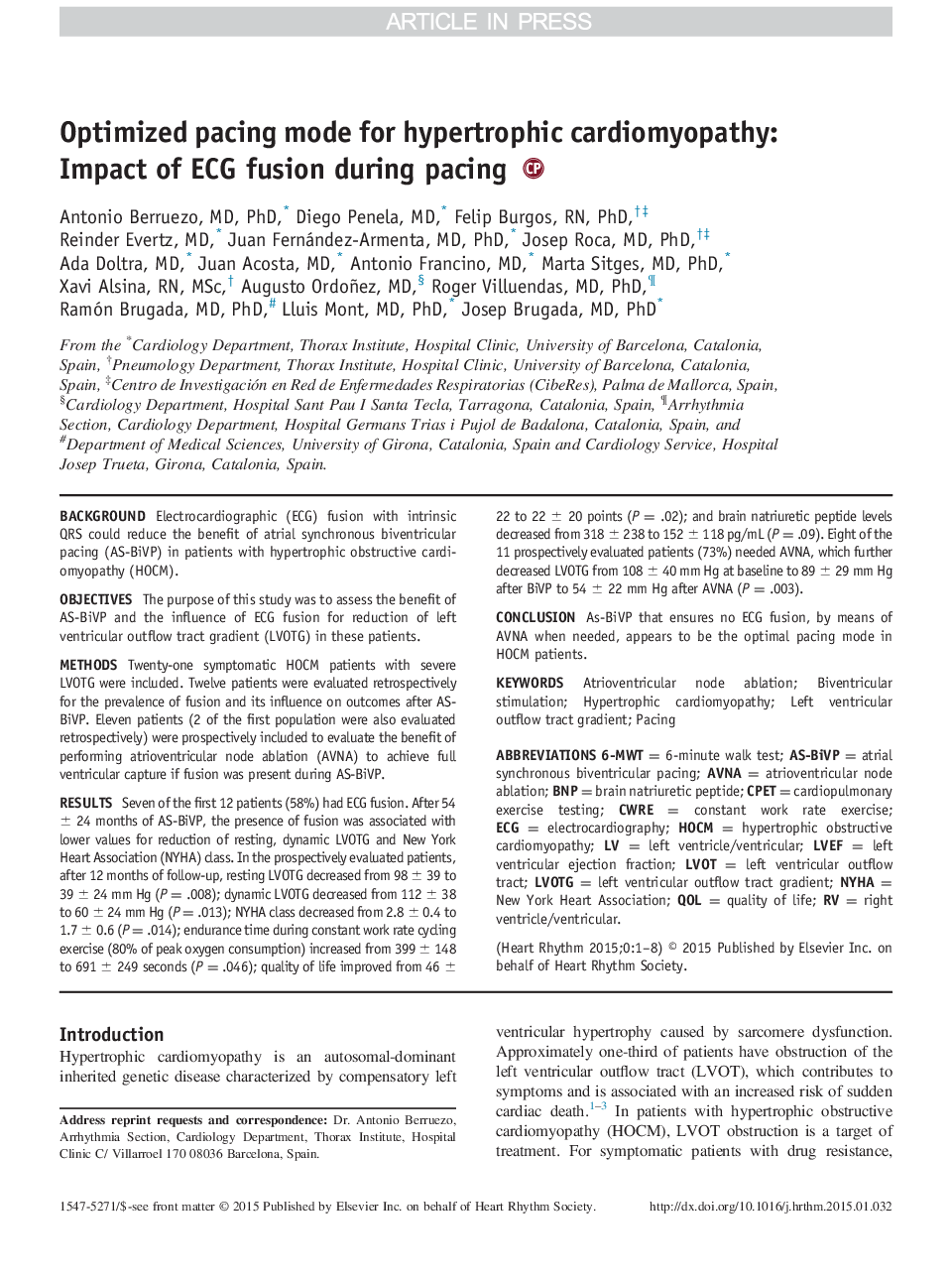 Optimized pacing mode for hypertrophic cardiomyopathy: Impact of ECG fusion during pacing