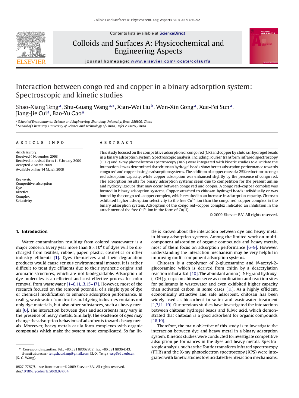 Interaction between congo red and copper in a binary adsorption system: Spectroscopic and kinetic studies