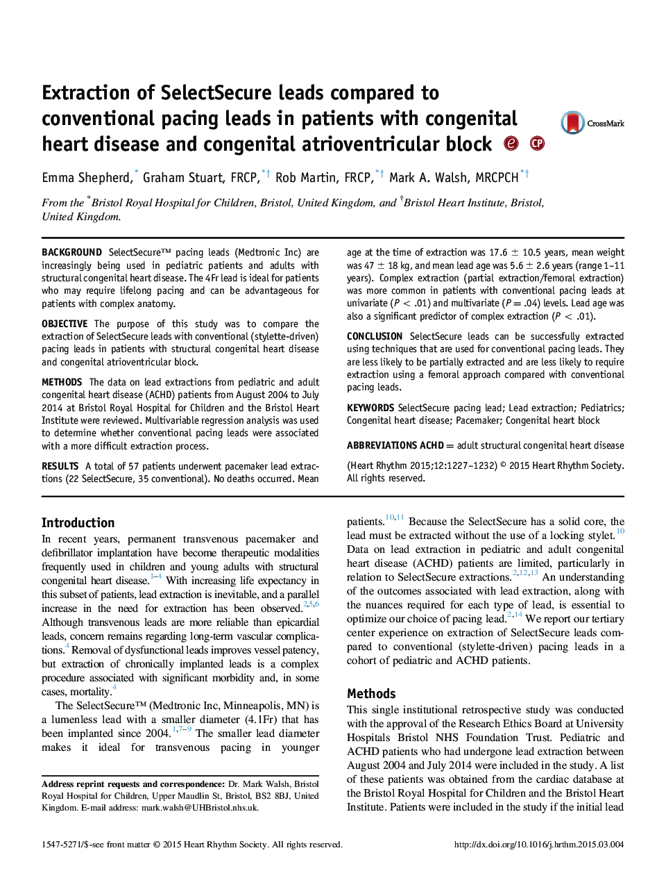 Extraction of SelectSecure leads compared to conventional pacing leads in patients with congenital heart disease and congenital atrioventricular block