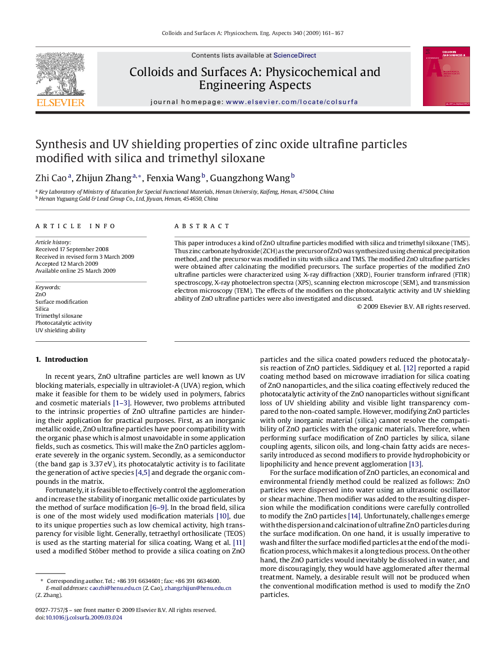 Synthesis and UV shielding properties of zinc oxide ultrafine particles modified with silica and trimethyl siloxane