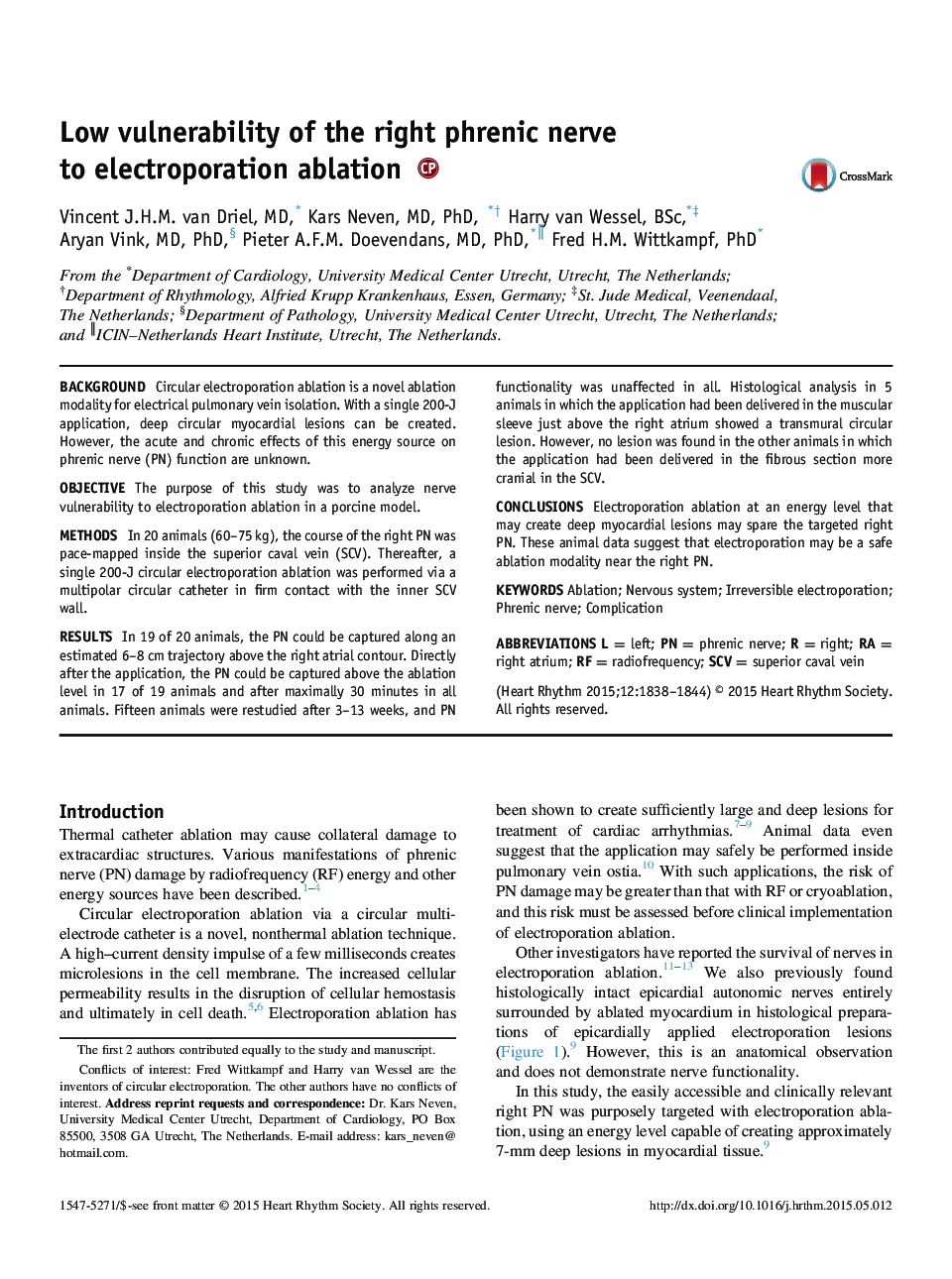 Low vulnerability of the right phrenic nerve to electroporation ablation