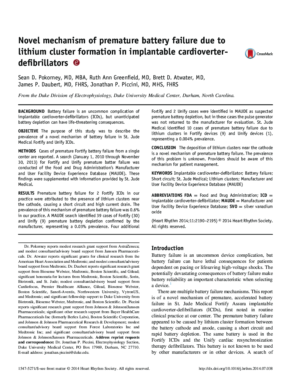 Novel mechanism of premature battery failure due to lithium cluster formation in implantable cardioverter-defibrillators