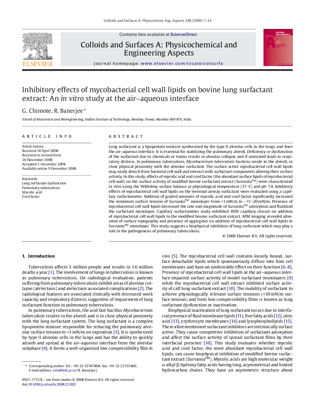 Inhibitory effects of mycobacterial cell wall lipids on bovine lung surfactant extract: An in vitro study at the air-aqueous interface