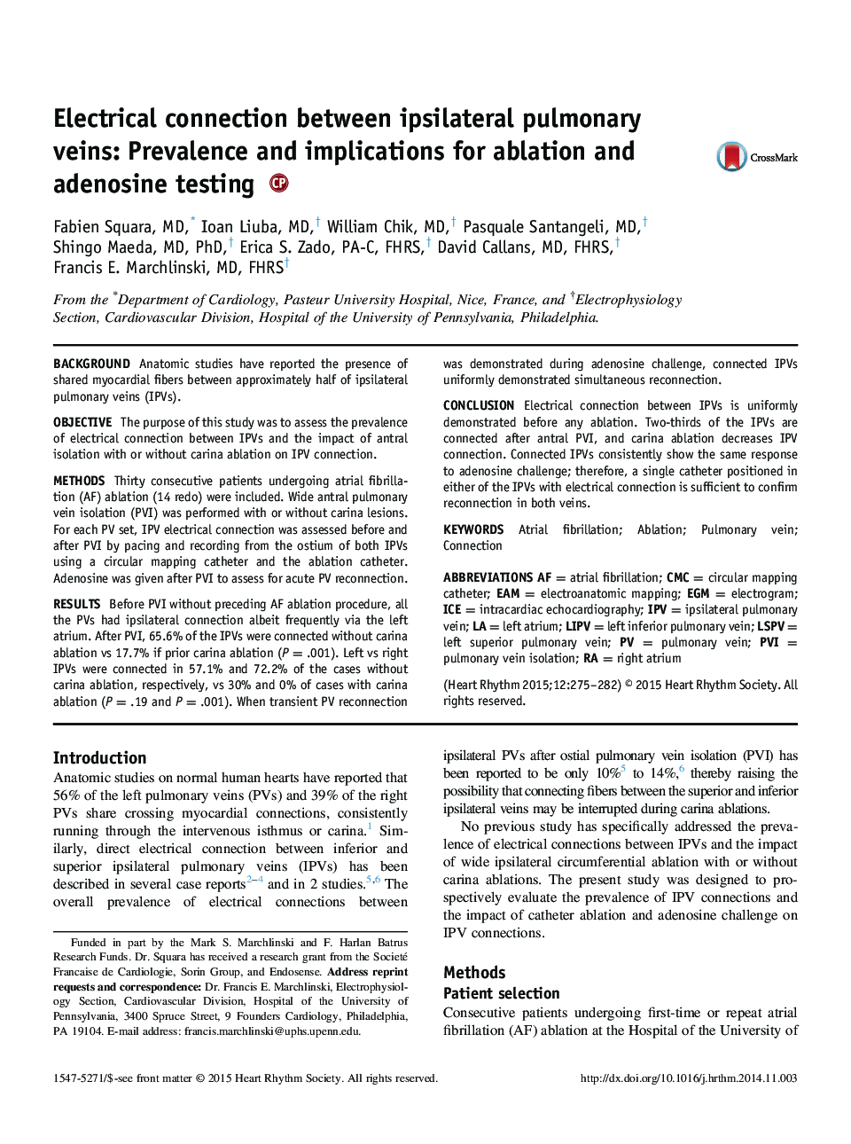 Electrical connection between ipsilateral pulmonary veins: Prevalence and implications for ablation and adenosine testing