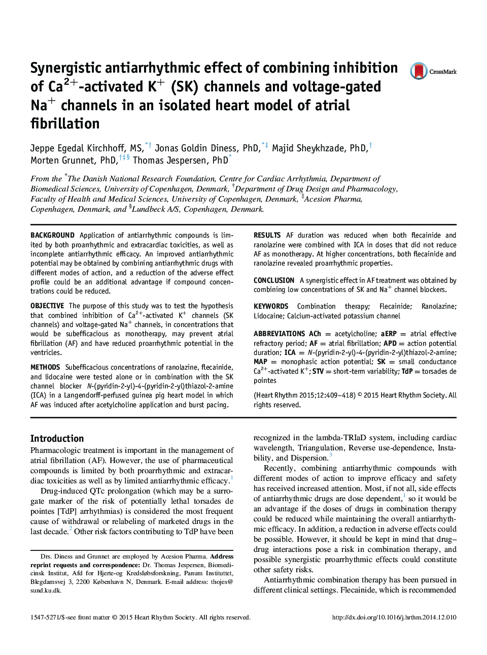 Synergistic antiarrhythmic effect of combining inhibition of Ca2+-activated K+ (SK) channels and voltage-gated Na+ channels in an isolated heart model of atrial fibrillation