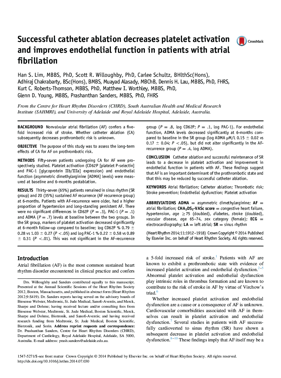 Successful catheter ablation decreases platelet activation and improves endothelial function in patients with atrial fibrillation