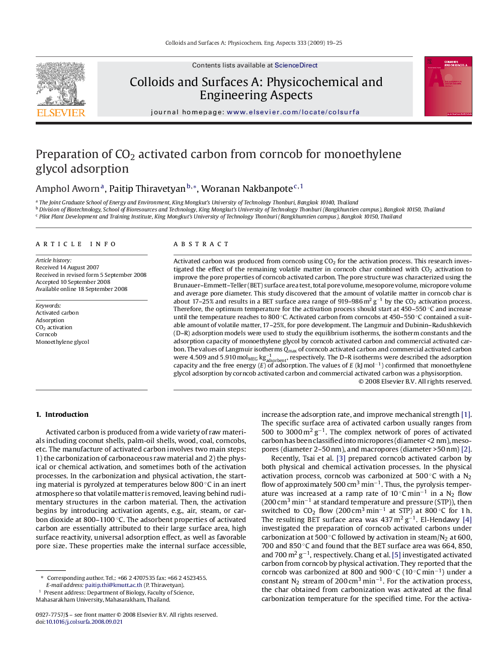 Preparation of CO2 activated carbon from corncob for monoethylene glycol adsorption