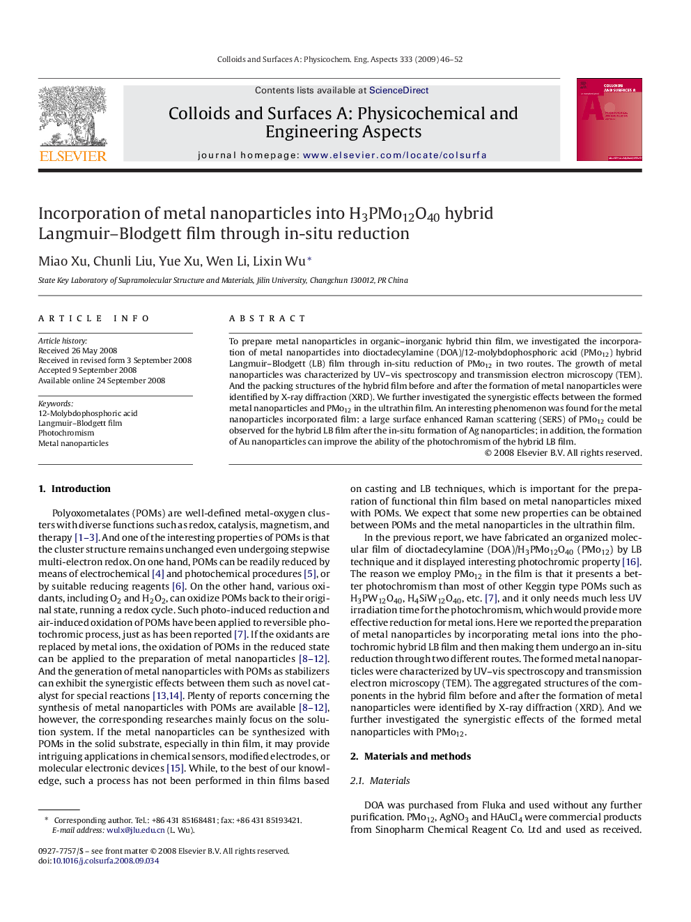 Incorporation of metal nanoparticles into H3PMo12O40 hybrid Langmuir–Blodgett film through in-situ reduction