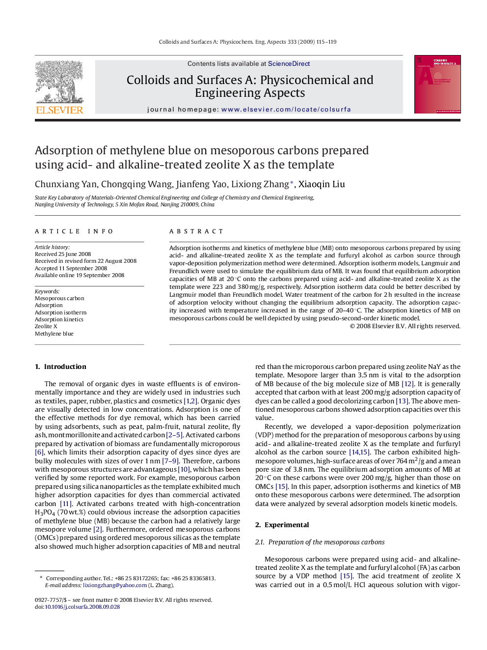 Adsorption of methylene blue on mesoporous carbons prepared using acid- and alkaline-treated zeolite X as the template