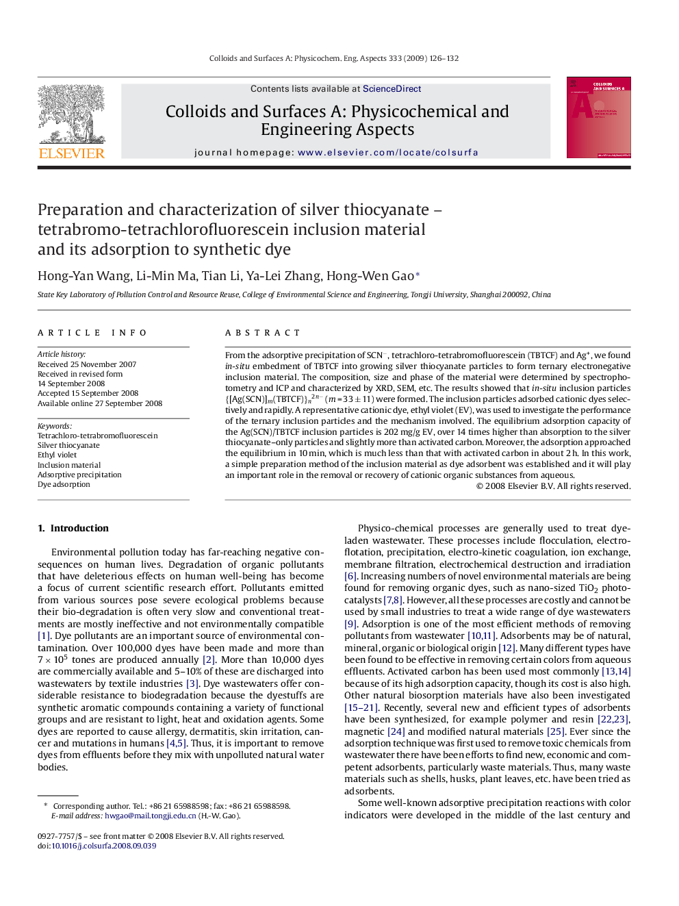 Preparation and characterization of silver thiocyanate – tetrabromo-tetrachlorofluorescein inclusion material and its adsorption to synthetic dye