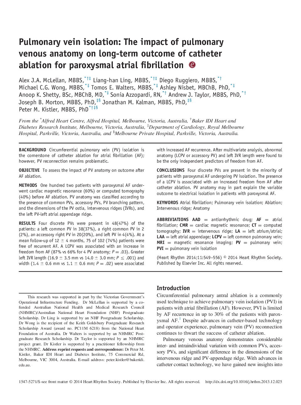 جداسازی ورید ریوی: تاثیر آناتومی وریدی ریوی بر نتایج بلند مدت تخلیه کاتتر برای فیبریلاسیون دهلیزی پاروکسیسمال 