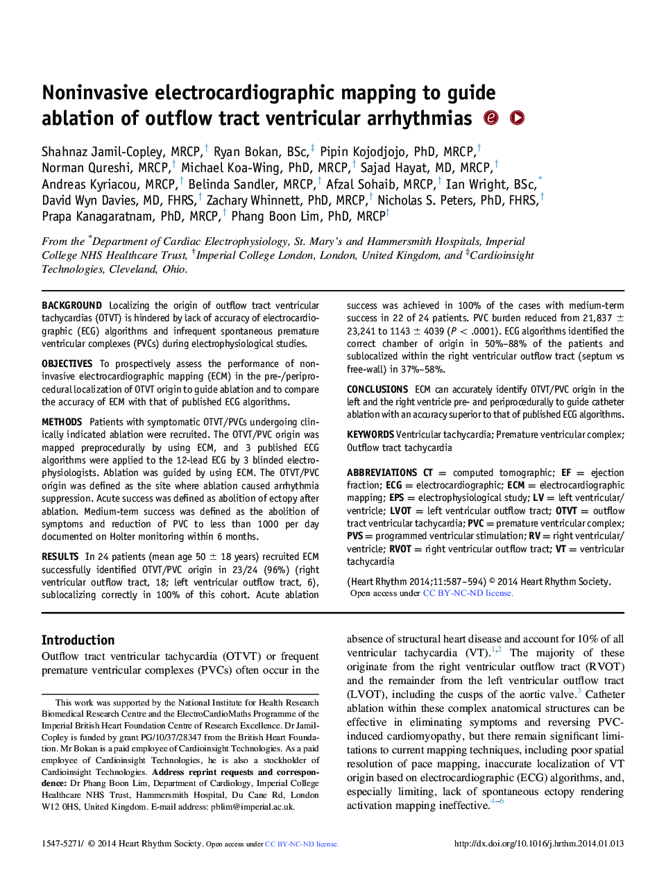 Noninvasive electrocardiographic mapping to guide ablation of outflow tract ventricular arrhythmias