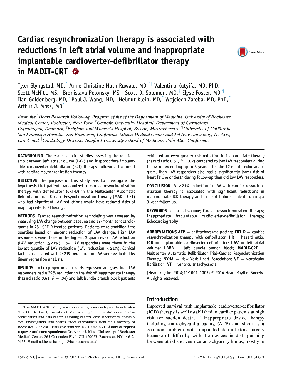 Cardiac resynchronization therapy is associated with reductions in left atrial volume and inappropriate implantable cardioverter-defibrillator therapy in MADIT-CRT