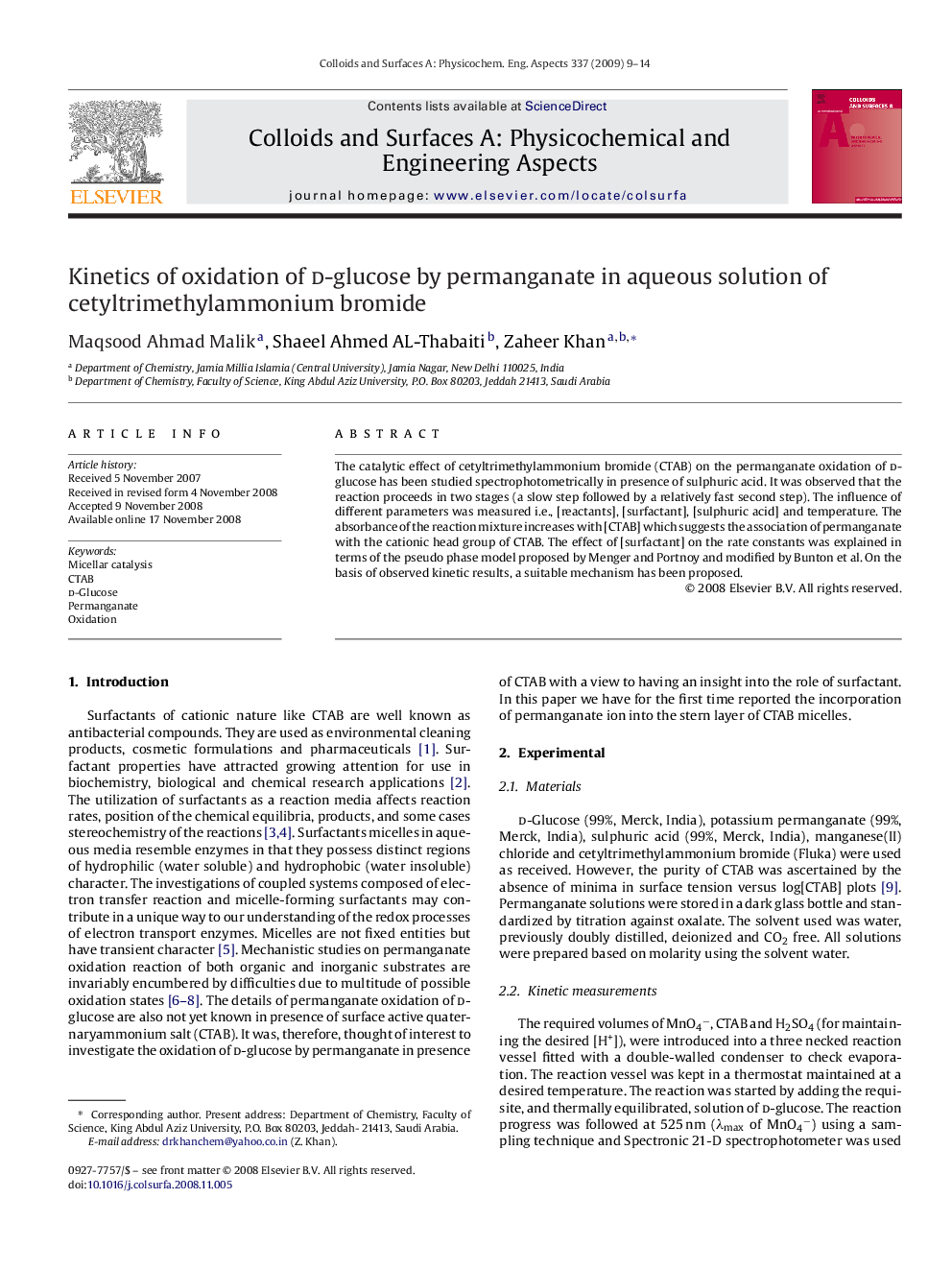 Kinetics of oxidation of d-glucose by permanganate in aqueous solution of cetyltrimethylammonium bromide