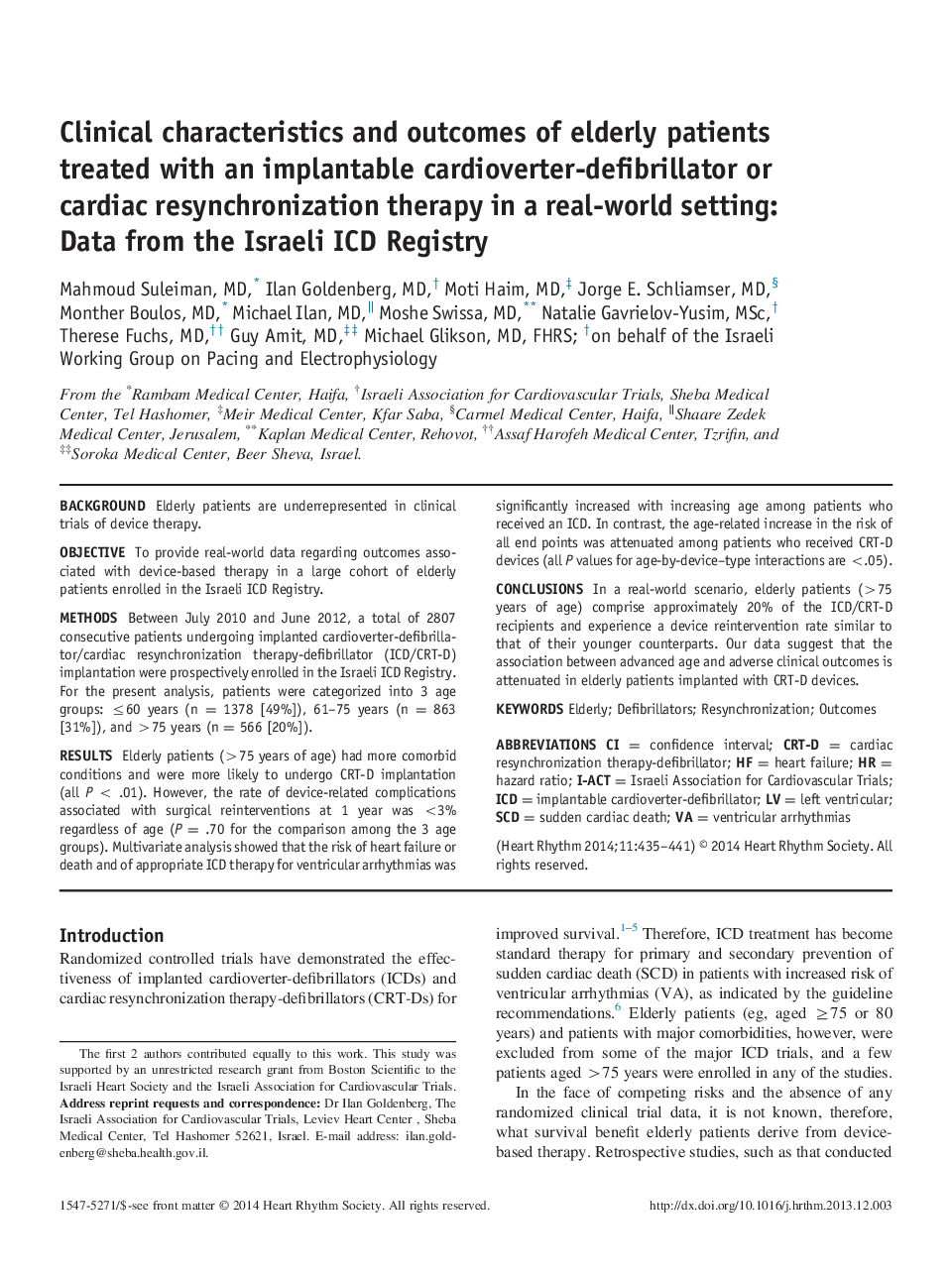 Clinical characteristics and outcomes of elderly patients treated with an implantable cardioverter-defibrillator or cardiac resynchronization therapy in a real-world setting: Data from the Israeli ICD Registry