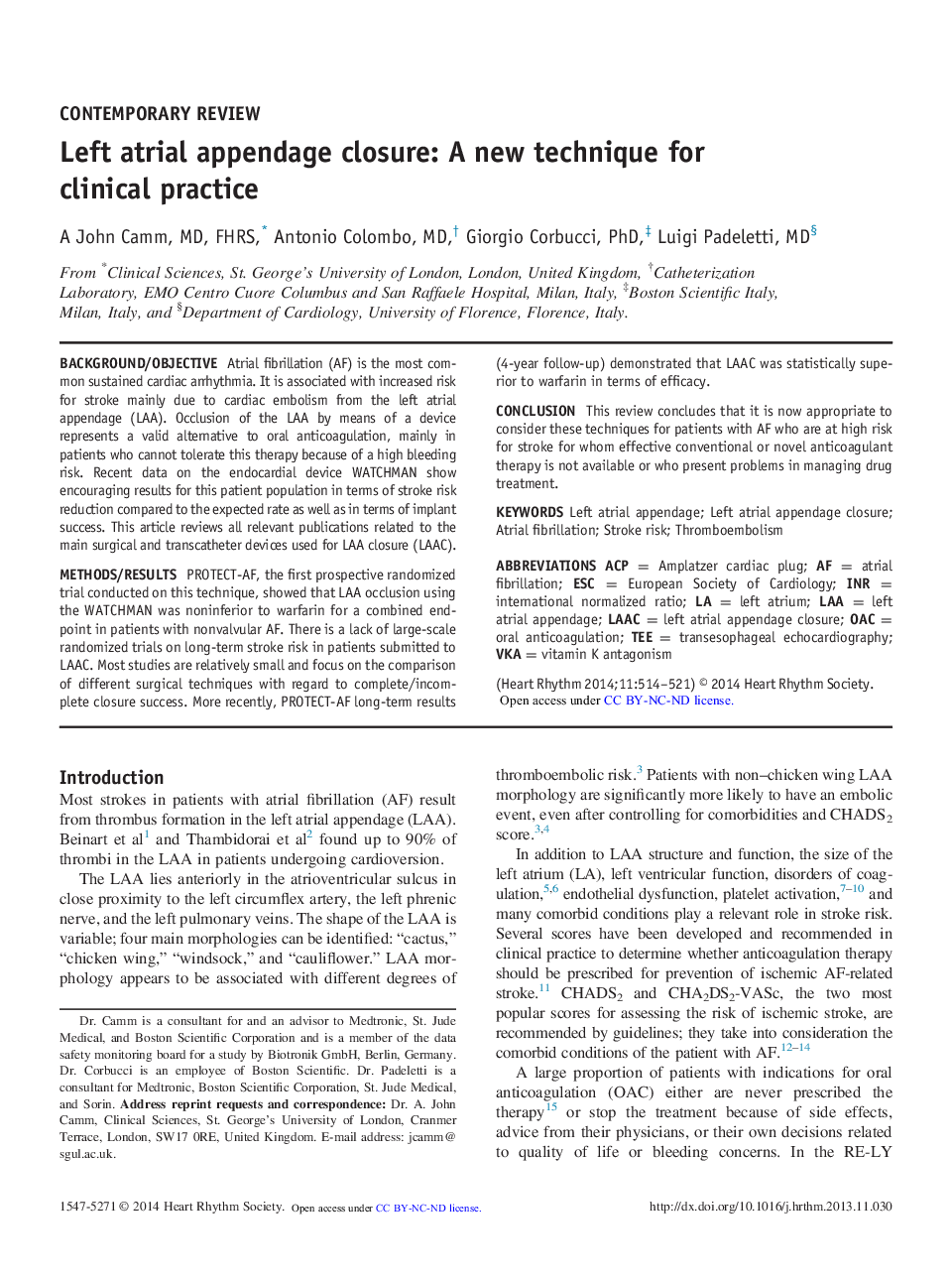 Left atrial appendage closure: A new technique for clinical practice