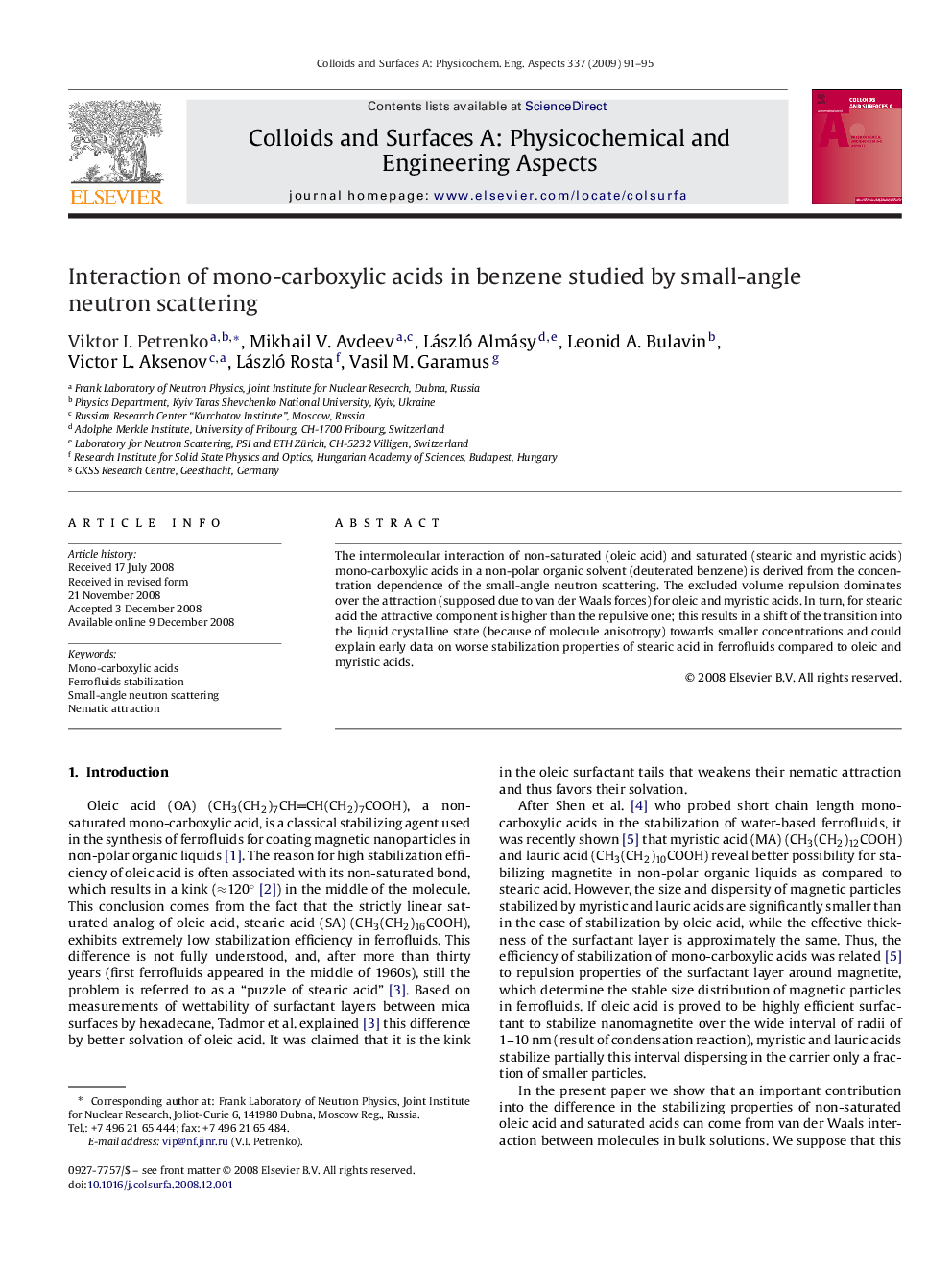 عکس صفحه اول مقاله: Interaction of mono-carboxylic acids in benzene studied by small-angle neutron scattering Interaction of mono-carboxylic acids in benzene studied by small-angle neutron scattering