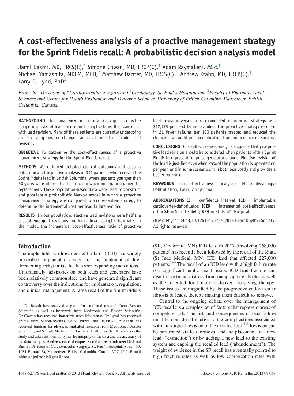 A cost-effectiveness analysis of a proactive management strategy for the Sprint Fidelis recall: A probabilistic decision analysis model