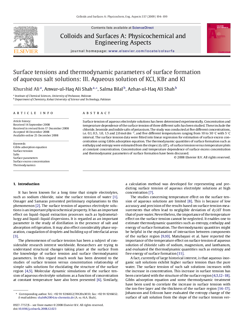 Surface tensions and thermodynamic parameters of surface formation of aqueous salt solutions: III. Aqueous solution of KCl, KBr and KI