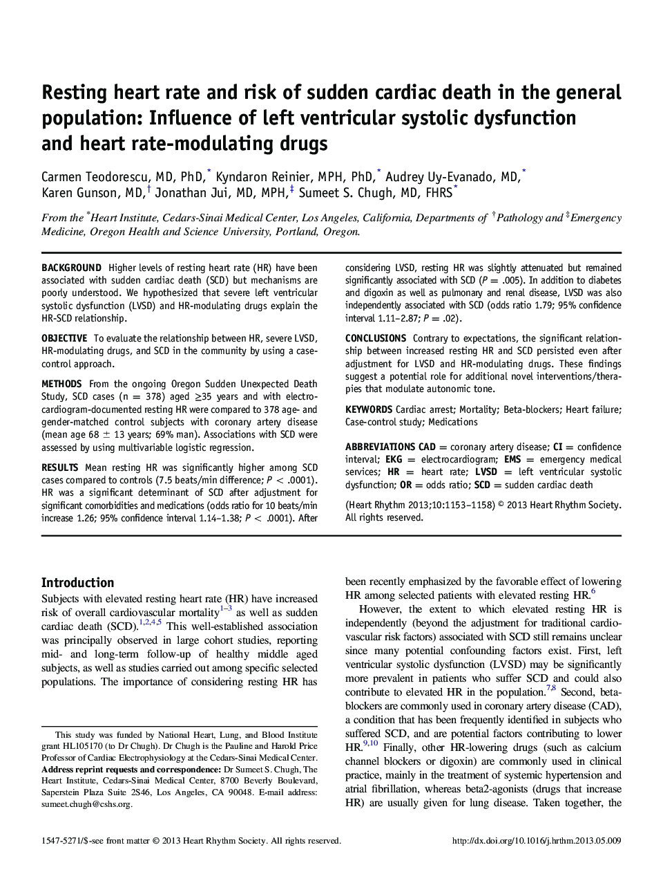 Resting heart rate and risk of sudden cardiac death in the general population: Influence of left ventricular systolic dysfunction and heart rate-modulating drugs
