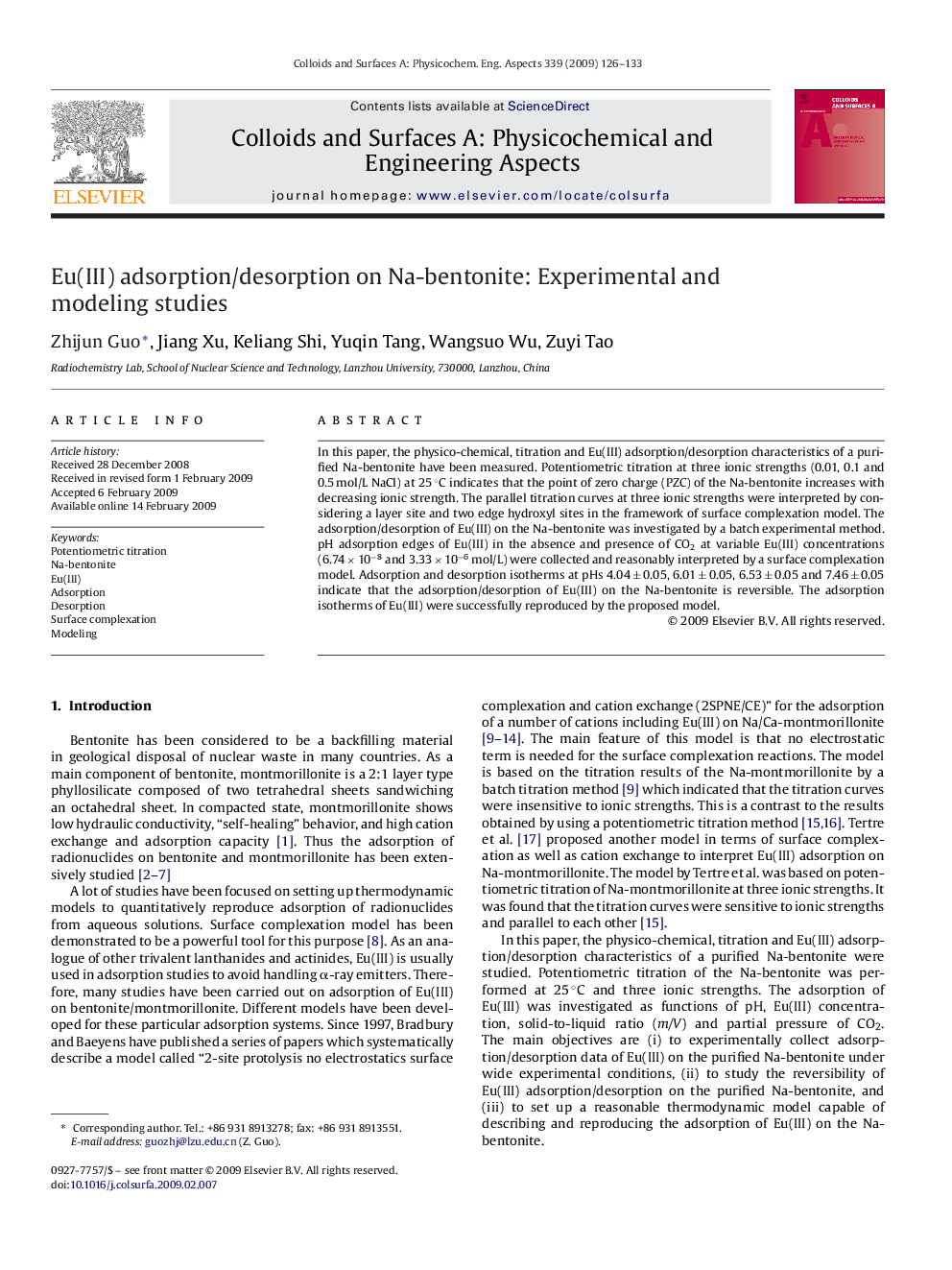 Eu(III) adsorption/desorption on Na-bentonite: Experimental and modeling studies