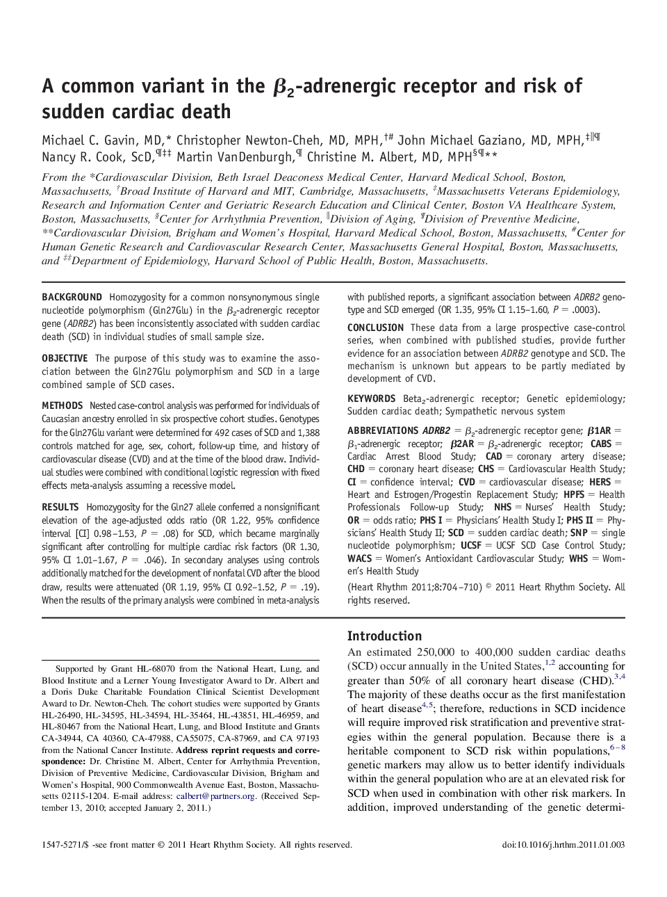 A common variant in the Î²2-adrenergic receptor and risk of sudden cardiac death