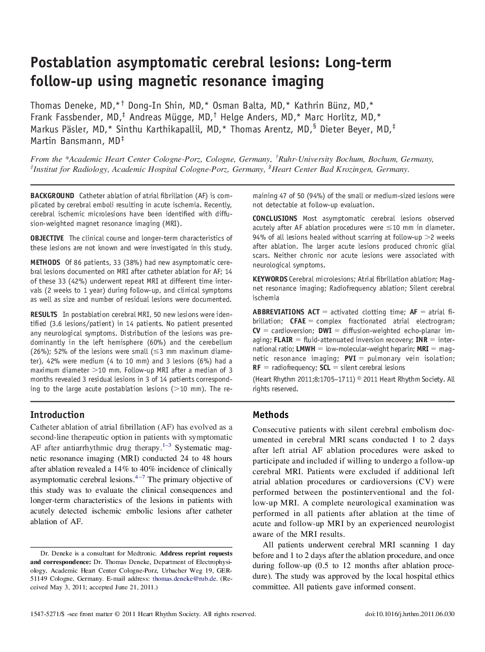 Postablation asymptomatic cerebral lesions: Long-term follow-up using magnetic resonance imaging