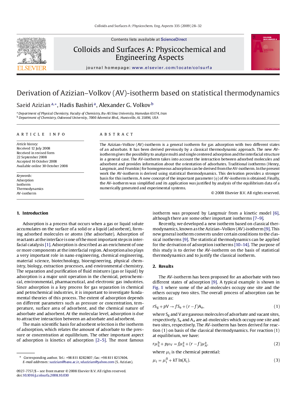 Derivation of Azizian–Volkov (AV)-isotherm based on statistical thermodynamics