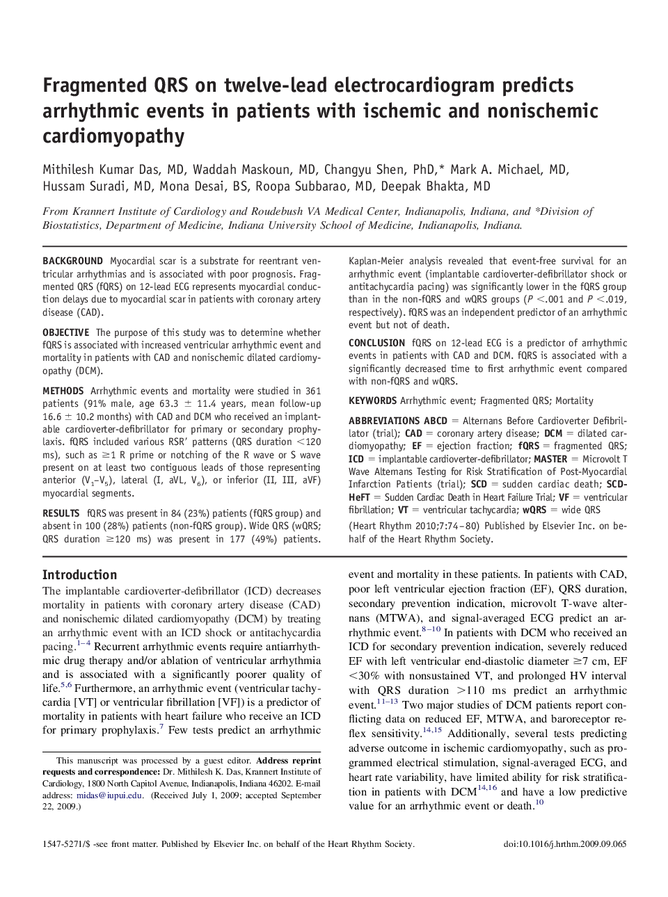 Fragmented QRS on twelve-lead electrocardiogram predicts arrhythmic events in patients with ischemic and nonischemic cardiomyopathy