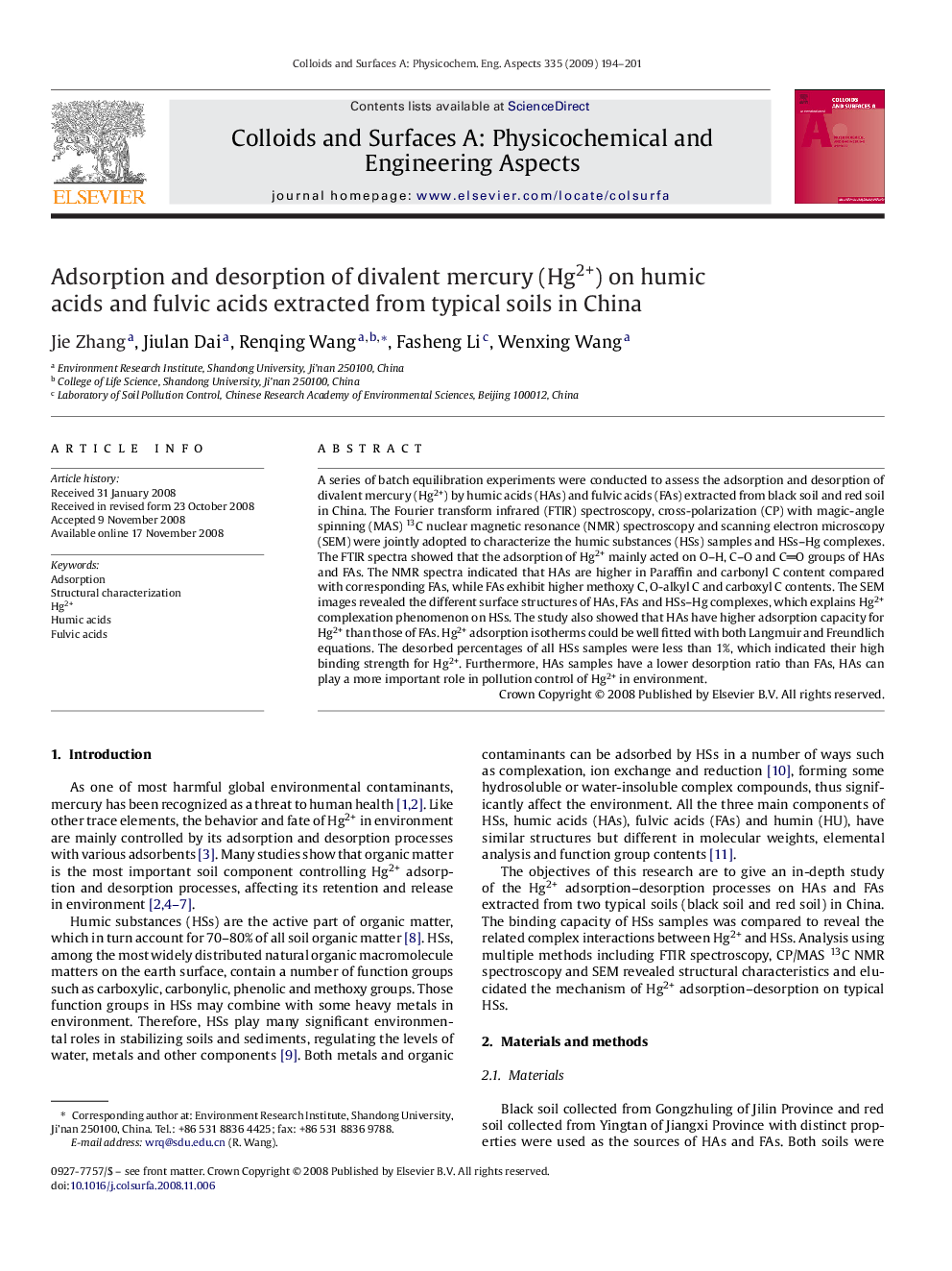 Adsorption and desorption of divalent mercury (Hg2+) on humic acids and fulvic acids extracted from typical soils in China