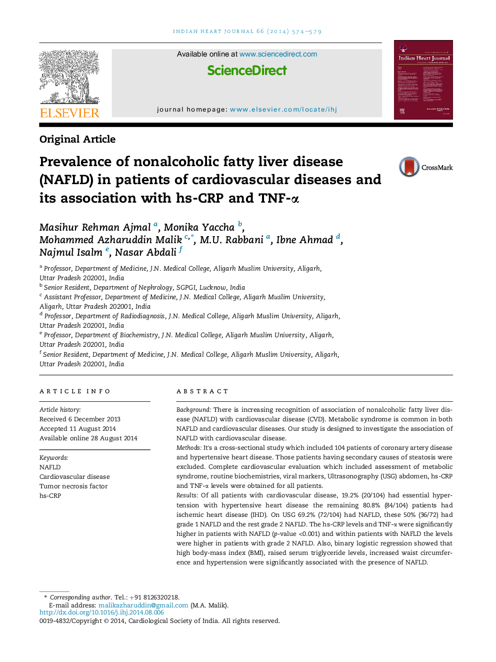 Prevalence of nonalcoholic fatty liver disease (NAFLD) in patients of cardiovascular diseases and its association with hs-CRP and TNF-Î±