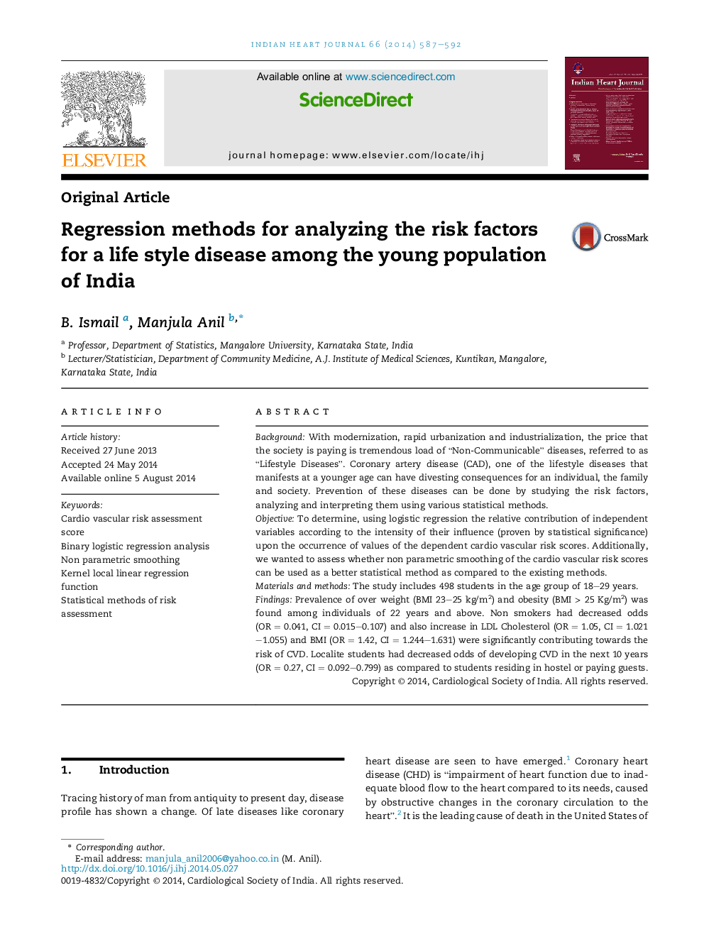 Regression methods for analyzing the risk factors for a life style disease among the young population of India