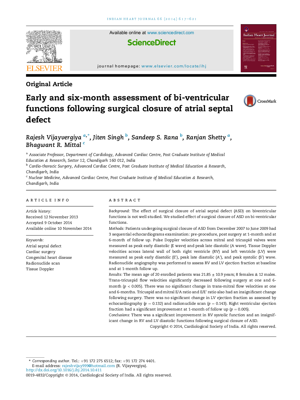 Early and six-month assessment of bi-ventricular functions following surgical closure of atrial septal defect