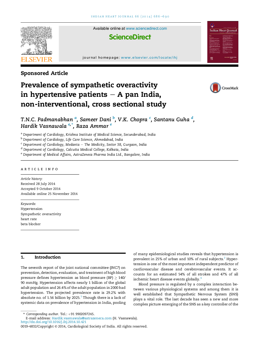 Prevalence of sympathetic overactivity in hypertensive patients - A pan India, non-interventional, cross sectional study