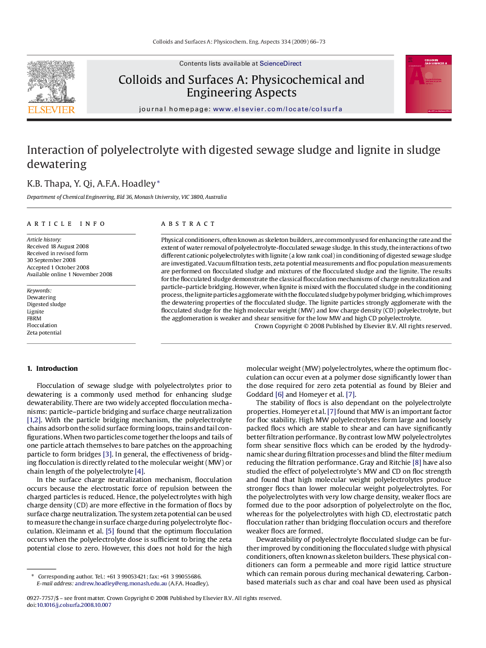 Interaction of polyelectrolyte with digested sewage sludge and lignite in sludge dewatering