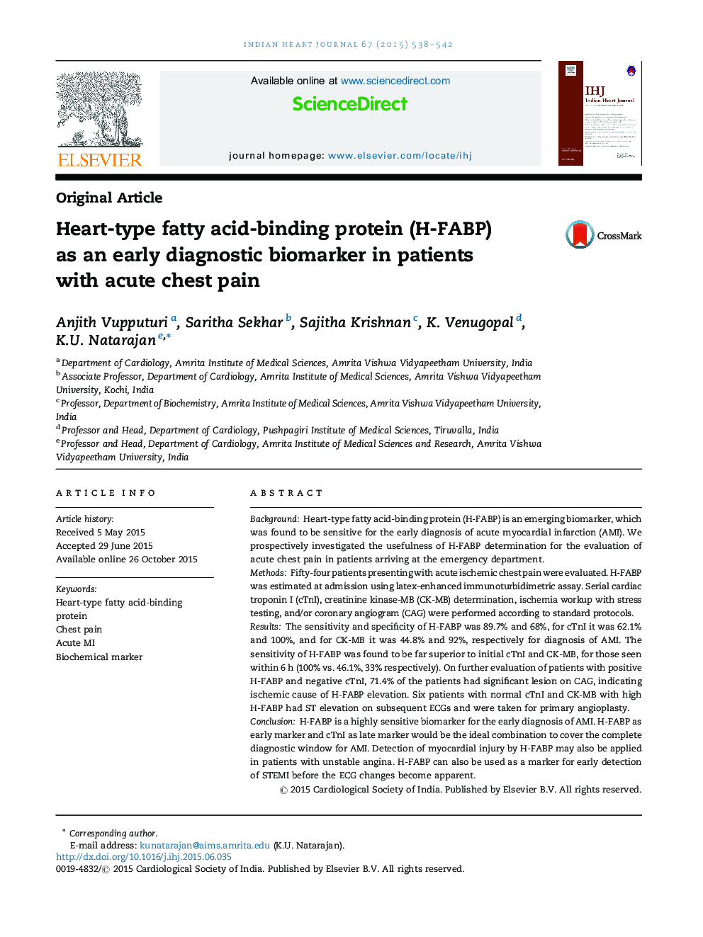 Heart-type fatty acid-binding protein (H-FABP) as an early diagnostic biomarker in patients with acute chest pain