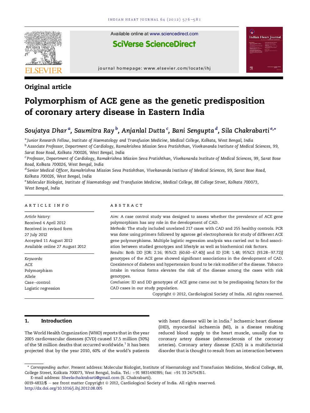 Polymorphism of ACE gene as the genetic predisposition of coronary artery disease in Eastern India