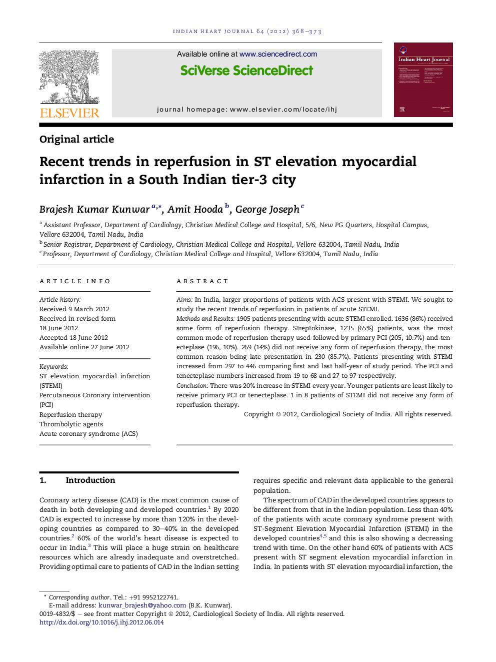 Recent trends in reperfusion in ST elevation myocardial infarction in a South Indian tier-3 city