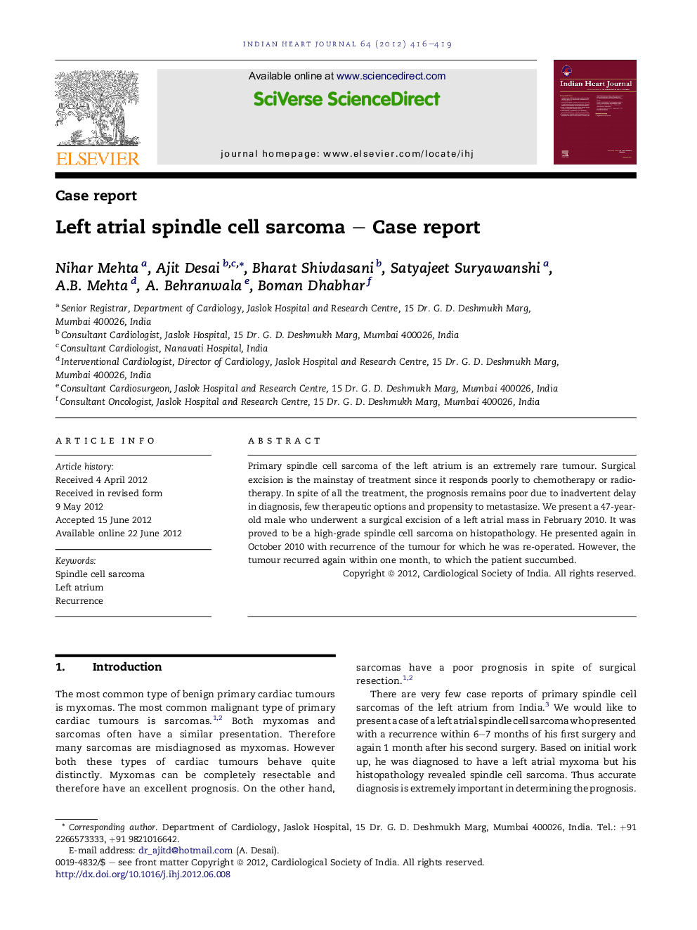 Left atrial spindle cell sarcoma - Case report