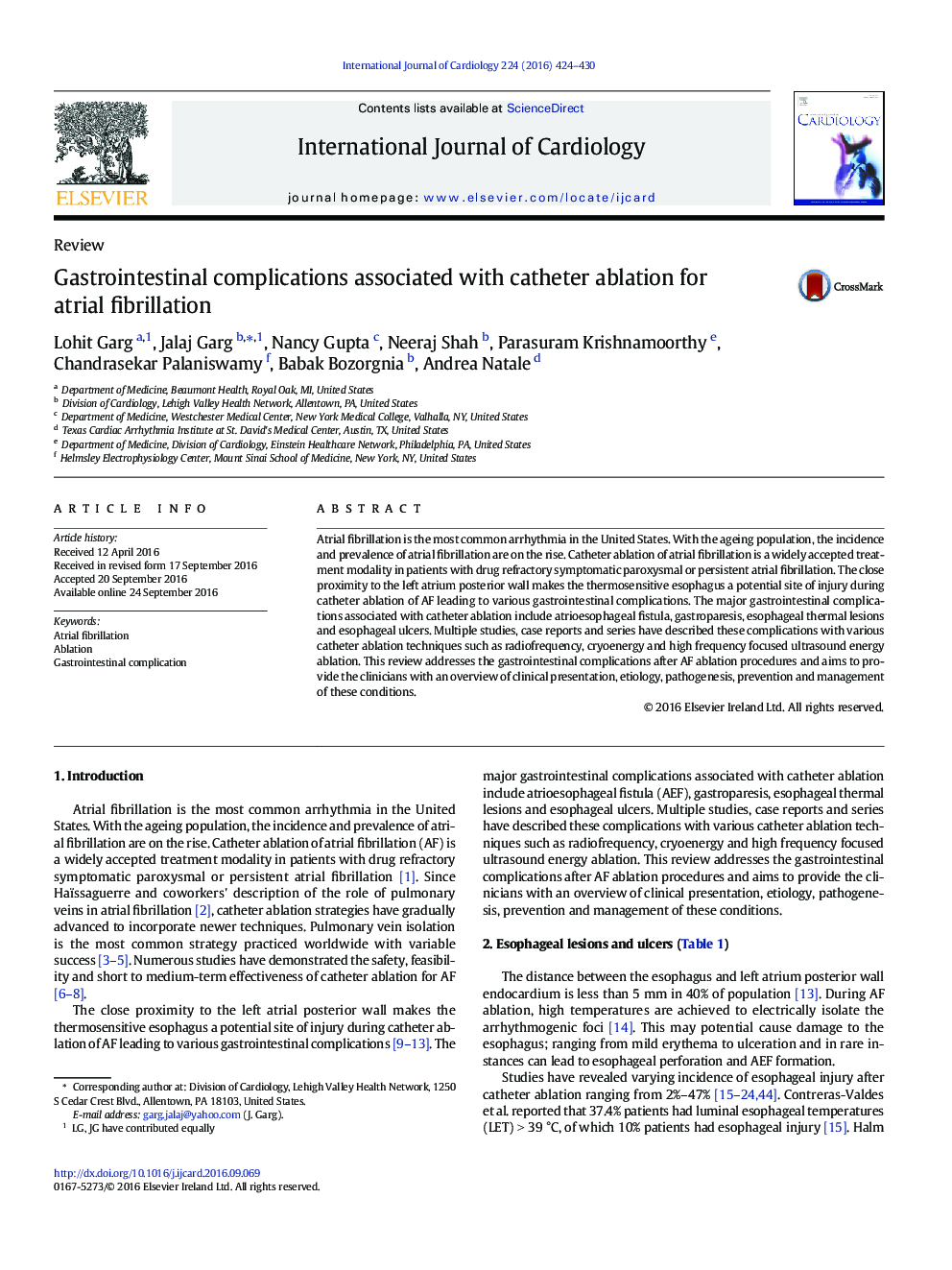 Gastrointestinal complications associated with catheter ablation for atrial fibrillation