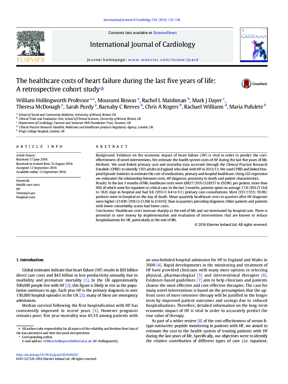 The healthcare costs of heart failure during the last five years of life: A retrospective cohort study