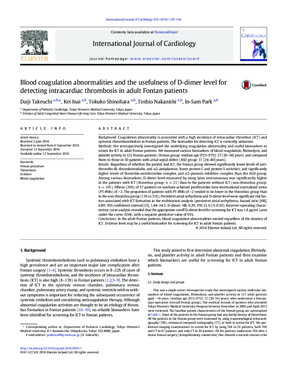 Blood coagulation abnormalities and the usefulness of D-dimer level for detecting intracardiac thrombosis in adult Fontan patients