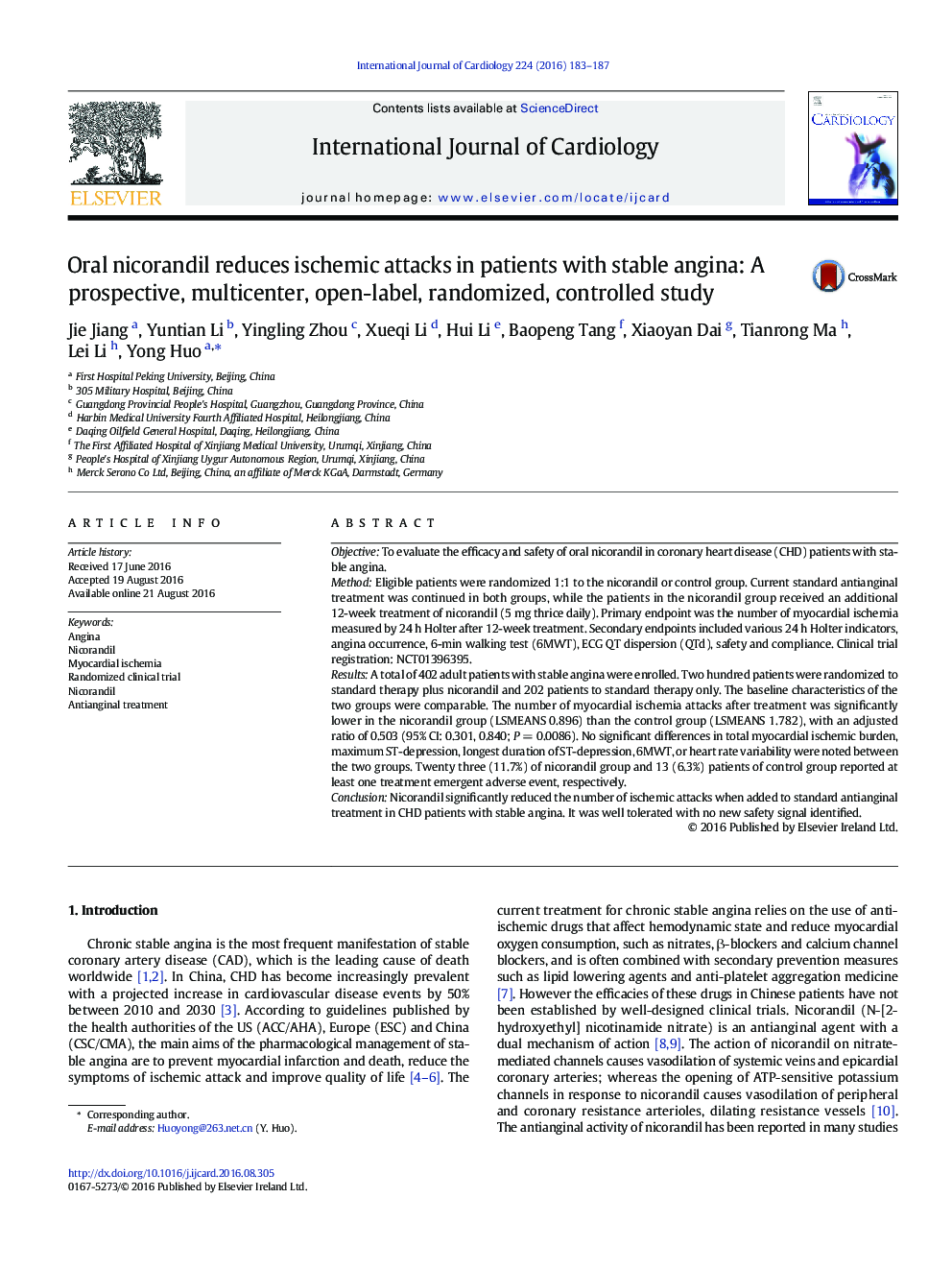 Oral nicorandil reduces ischemic attacks in patients with stable angina: A prospective, multicenter, open-label, randomized, controlled study