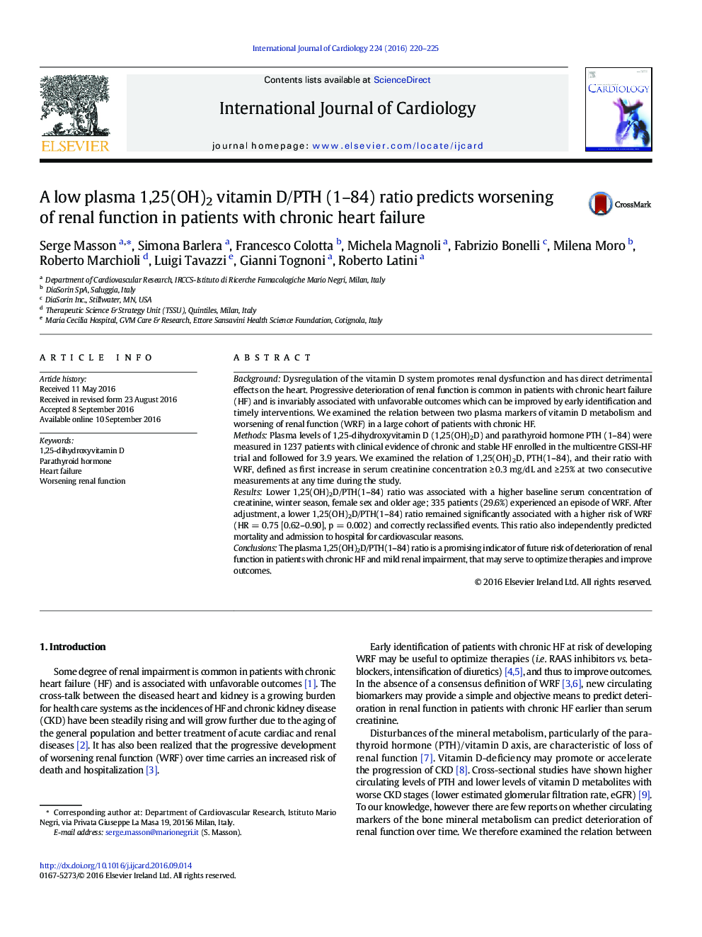 A low plasma 1,25(OH)2 vitamin D/PTH (1-84) ratio predicts worsening of renal function in patients with chronic heart failure